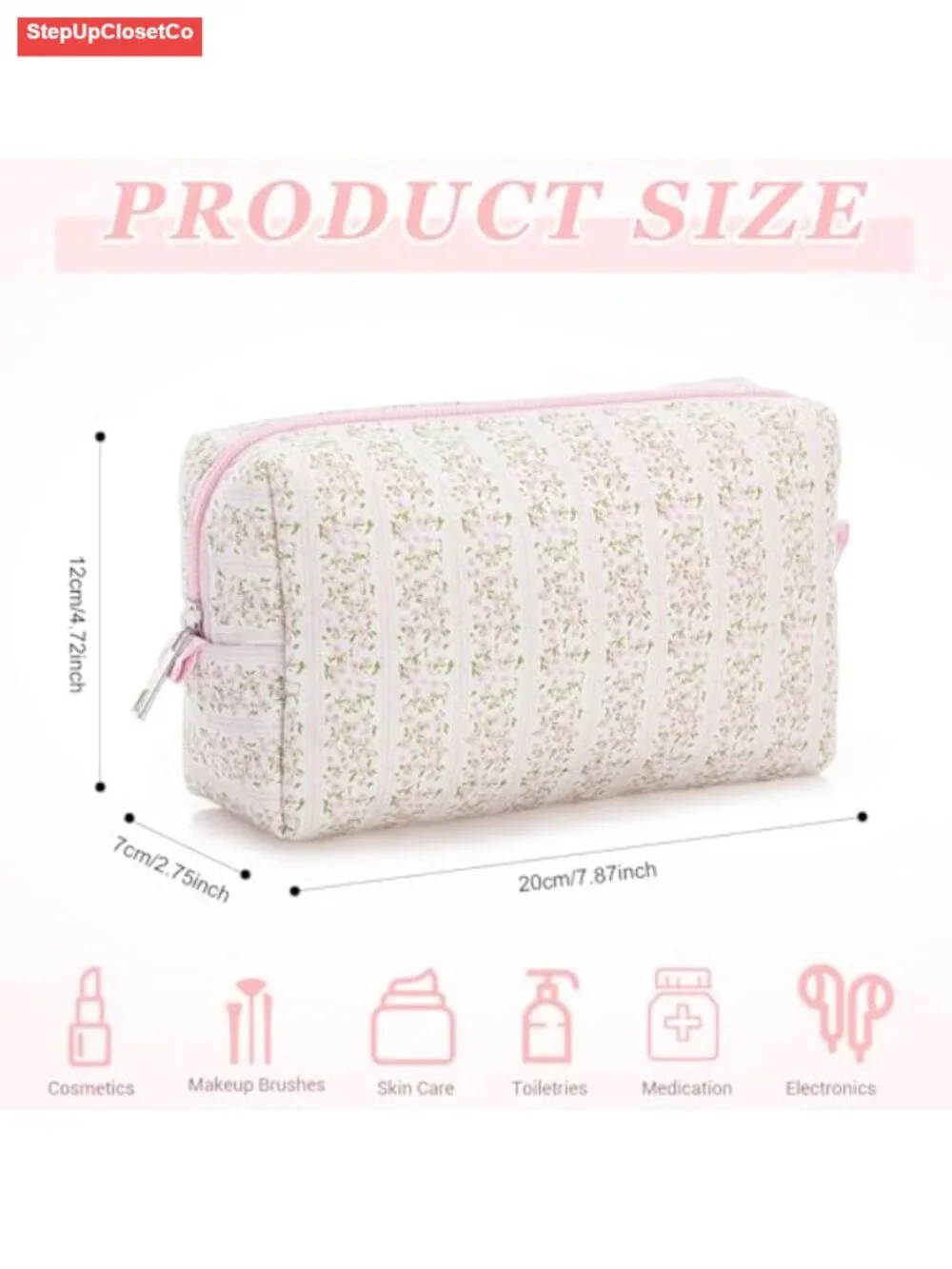 Quilted Cotton Makeup Bag Cute Floral Cosmetic Pouch Travel Toiletry Pencil Case